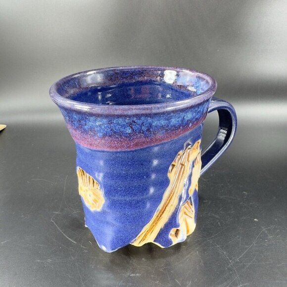 Hand Made Abstract Coffee Mug Cup Cobalt Blue Pottery Mug Artist Signed Bottom - Picture 10 of 16